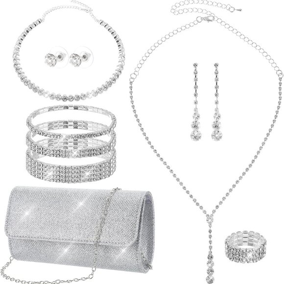 Elegant Silver Clutch Purse and Rhinestone Jewelry Set for Women - Bridal Prom W - Picture 1 of 7